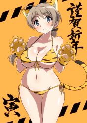 Rule 34 | 1girl, absurdres, ahoge, alternate costume, animal ears, animal hands, animal print, bikini, black ribbon, blue eyes, blush, braid, braided ponytail, breasts, brown hair, chinese zodiac, cleavage, cowboy shot, front-tie bikini top, front-tie top, gloves, groin, hair ribbon, halterneck, happy new year, highres, large breasts, light frown, long hair, looking at viewer, lynette bishop, navel, new year, orange gloves, parted lips, paw gloves, print bikini, ribbon, side-tie bikini bottom, simple background, single braid, solo, standing, strike witches, sweatdrop, swimsuit, tail, text background, thigh gap, tiger ears, tiger print, tiger tail, translated, tricky 46, world witches series, year of the tiger