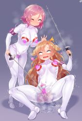 Rule 34 | 2girls, asuna (sao), blush, born-to-die, braid, breasts, closed mouth, collarbone, covered navel, female ejaculation, fencing, fencing suit, foil (fencing), highres, holding, holding weapon, leaning back, leotard, lisbeth (sao), long hair, looking at viewer, medium breasts, multiple girls, one eye closed, open mouth, sitting, smile, spread legs, sword, sword art online, tears, trembling, weapon, wet, wet clothes, white leotard, yuri