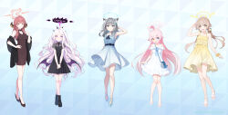 Rule 34 | ahoge, animal ear fluff, animal ears, aru (blue archive), black dress, black horns, blue archive, blue eyes, brown horns, cross hair ornament, demon girl, demon horns, demon wings, dress, extra ears, foreclosure task force (blue archive), forehead, grey hair, hair ornament, halo, heterochromia, hifumi (blue archive), highres, hina (blue archive), horns, hoshino (blue archive), light brown hair, long hair, low twintails, low wings, matanonki, mismatched pupils, multiple horns, parted bangs, pink hair, pink halo, problem solver 68 (blue archive), purple eyes, shiroko (blue archive), twintails, white dress, white hair, winged halo, wings, wolf ears, yellow eyes, yellow halo