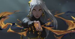 Rule 34 | 1girl, artist logo, commentary, earrings, gold, highres, jewelry, liquid gold, looking at viewer, lucia hsiang, original, simple background, solo, straight-on, upper body, white hair, yellow eyes