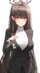Rule 34 | 1girl, black hair, black jacket, black nails, black skirt, blue archive, hair between eyes, hair intakes, hair ornament, hairclip, halo, hand on own chest, jacket, melt (melt out1), name tag, red eyes, rio (blue archive), skirt, watch, wristwatch