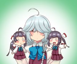Rule 34 | 1girl, ahoge, black ribbon, braid, brown eyes, closed eyes, commentary request, fujinami (kancolle), gradient background, green background, grey hair, hair over eyes, hair ribbon, hamanami (kancolle), hand puppet, hayanami (kancolle), kantai collection, long hair, long sleeves, mellmfs3, puppet, ribbon, school uniform, shirt, single braid, solo, white shirt