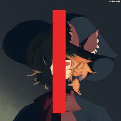 Rule 34 | 1girl, album cover redraw, black bow, black capelet, black hat, blonde hair, blush stickers, bow, bowtie, braid, capelet, closed eyes, closed mouth, commentary request, cookie (touhou), derivative work, hair between eyes, hair bow, hat, hat bow, highres, kirisame marisa, kyuusai no gihou, long bangs, lsnsn, meguru (cookie), red bow, red bowtie, short hair, side braid, single braid, solo, touhou, upper body, witch hat