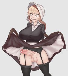 Rule 34 | 1girl, absurdres, arthropod girl, black dress, black thighhighs, blonde hair, breasts, cageman, censored, cliffside, clothes lift, cordie (cliffside), dress, dress lift, futanari, garter straps, heart, highres, insect girl, large breasts, large penis, long hair, monster girl, parted lips, penis, shadow, sharp teeth, simple background, smile, solo, spider girl, teeth, testicles, thighhighs, twintails, veins, veiny penis, white background, white headwear, yellow eyes