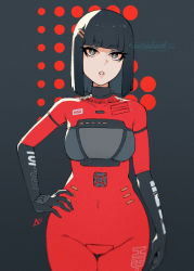 Rule 34 | 1chip msx, 1girl, armor, aurahack, black background, black gloves, black hair, blunt bangs, bob cut, bodysuit, breastplate, breasts, cowboy shot, crotch plate, d-pad, elbow gloves, eyeshadow, facing viewer, gloves, grey eyes, hair ornament, hairclip, hand on own hip, highres, hitbit, legs together, looking at viewer, makeup, mascara, medium hair, microcomputer, msx, os-tan, parted lips, personification, red bodysuit, small breasts, solo, sony, sony hitbit, standing, straight hair, thigh gap, watermark, wide hips