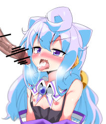 Rule 34 | 10s, 1boy, blue hair, blurry, blush, breath, censored, cro, cum, cum in mouth, cum on tongue, hacka doll, hacka doll 3, long hair, male focus, nipples, open mouth, penis, purple eyes, simple background, solo focus, tongue, tongue out, trap, veins, veiny penis, white background, yaoi