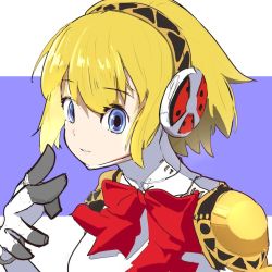 Rule 34 | 1girl, aegis (persona), android, blonde hair, blue eyes, breasts, commentary request, face, hairband, joints, lineni, looking at viewer, parted lips, persona, persona 3, red ribbon, ribbon, robot joints, short hair, simple background, solo