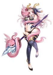 Rule 34 | 1girl, absurdres, arms up, black panties, bravely archive, detached sleeves, eel, facial mark, highres, horns, long hair, navel, official art, open mouth, panties, pink hair, polearm, red eyes, round teeth, sacher, simple background, solo, spear, tail, tail wrap, teeth, thighhighs, underwear, weapon, white background