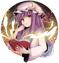Rule 34 | 1girl, artist name, asa (coco), blush, book, crescent, crescent hair ornament, dress, eyebrows, hair ornament, hand on own chin, hat, long hair, long sleeves, looking at viewer, mob cap, open book, outside border, patchouli knowledge, purple eyes, purple hair, round image, solo, striped clothes, striped dress, touhou, upper body, wide sleeves