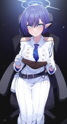 Rule 34 | 1girl, aoi (blue archive), blue archive, blue hair, blue necktie, breasts, clothes lift, collared jacket, cropped jacket, ddangbi, earclip, epaulettes, gloves, grey eyes, highres, holster, jacket, jacket lift, lifting own clothes, long skirt, medium breasts, mole, mole under eye, necktie, pointy ears, short hair, skirt, sweat, underboob, white gloves, white jacket