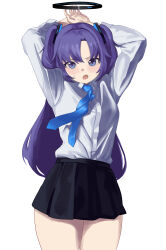 Rule 34 | 1girl, absurdres, black skirt, blue archive, blue necktie, blush, collared shirt, cowboy shot, halo, highres, long hair, looking at viewer, mechanical halo, necktie, open mouth, pangtanto, pleated skirt, purple eyes, purple hair, shirt, simple background, skirt, solo, thighs, two side up, white background, white shirt, yuuka (blue archive)