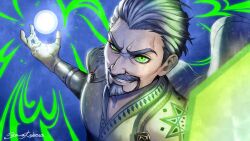 Rule 34 | 1boy, animification, artist name, asymmetrical eyes, beard, blue background, cape, evil grin, evil smile, facial hair, fang, goatee, green eyes, grey hair, grin, guest art, hair slicked back, half-closed eye, highres, holding orb, king magnifico, long sleeves, looking at viewer, magic, male focus, mature male, official art, orb, robe, short hair, signature, simple background, smile, solo, thick eyebrows, toboso yana, upper body, white cape, white robe, wish (disney)
