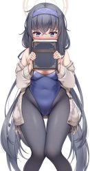 Rule 34 | 1girl, bare shoulders, black hair, black pantyhose, blue archive, blue eyes, blue leotard, book, crossed bangs, embarrassed, halo, highres, holding, holding book, leotard, lomocya, long sleeves, looking at viewer, off shoulder, pantyhose, simple background, solo, thighs, ui (blue archive), white background
