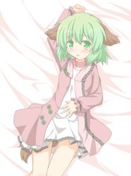 Rule 34 | 1girl, :o, animal ears, arm up, blush, collar, dress, female focus, green eyes, green hair, hand on own stomach, kasodani kyouko, long sleeves, lying, matching hair/eyes, on back, on bed, open clothes, open dress, shino megumi, short hair, solo, tail, touhou