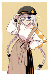 Rule 34 | 1girl, a.i. voice, absurdres, adjusting clothes, adjusting headwear, black hat, border, braid, brown background, cabbie hat, commentary, cowboy shot, glasses, hair tubes, hand on own hip, hand up, hat, high-waist skirt, highres, jii (seiga7099526), kizuna akari, kizuna akari (a.i. voice), leaning forward, long hair, looking at viewer, one eye closed, shirt, skirt, smile, solo, standing, star (symbol), star print, suspender skirt, suspenders, twin braids, very long hair, voiceroid, white border, white hair, white shirt