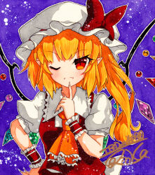Rule 34 | 1girl, ascot, bad id, bad pixiv id, blonde hair, collared shirt, fang, finger to mouth, fingernails, flandre scarlet, frilled ascot, frilled shirt collar, frills, hand on own hip, hat, hat ribbon, long hair, looking at viewer, mob cap, one eye closed, orange ascot, pointy ears, puffy short sleeves, puffy sleeves, purple background, qqqrinkappp, rainbow order, red eyes, red ribbon, red skirt, red vest, ribbon, sharp fingernails, shikishi, shirt, short sleeves, side ponytail, signature, skin fang, skirt, skirt set, solo, touhou, traditional media, upper body, vest, white hat, white shirt, wings