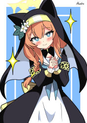 1girl :&gt; absurdres animal_ears black_coat blue_archive blue_background blue_eyes blue_neckerchief blush border breasts bright_pupils coat coif commentary_request habit hendra highres inset_border long_hair long_sleeves looking_at_viewer mari_(blue_archive) neckerchief nun orange_hair own_hands_clasped own_hands_together sideboob smile solo sparkle white_background white_pupils