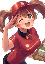 Rule 34 | 1girl, ;d, asada hachi, blush, bow, breasts, brown eyes, brown hair, employee uniform, fast food uniform, hair between eyes, hataraku maou-sama!, highres, large breasts, long hair, looking at viewer, one eye closed, open mouth, polo shirt, sasaki chiho, short hair, short twintails, simple background, skirt, smile, solo, tray, twintails, uniform, visor cap, white background, yellow bow