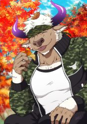 Rule 34 | 1boy, :p, alternate costume, animal ears, bara, black pants, camouflage, camouflage headwear, camouflage jacket, chest hair, cow ears, cow horns, closed eyes, facial hair, furry, furry male, goatee, headband, highres, horns, jacket, large pectorals, leaf, leaf on head, looking at viewer, male focus, maple leaf, minotaur, muscular, open clothes, open jacket, pants, pectorals, purple eyes, purple horns, shennong (housamo), shirt, short hair, tokyo houkago summoners, tongue, tongue out, track jacket, track pants, upper body, white hair, white shirt, yanai inaya