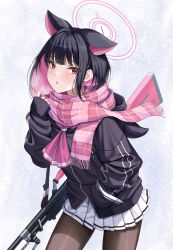 Rule 34 | 1girl, absurdres, adjusting scarf, animal ears, black jacket, black pantyhose, blue archive, blush, carrying over shoulder, colored inner animal ears, colored inner hair, commentary, cowboy shot, gun, halo, hand in pocket, highres, jacket, kazusa (blue archive), looking at viewer, miniskirt, multicolored hair, open mouth, pantyhose, pink hair, pink halo, pink scarf, plaid, plaid scarf, pleated skirt, rama (yu-light8), red eyes, scarf, skirt, sleeves past wrists, snowflake background, solo, two-tone hair, weapon, weapon request, white background, white skirt