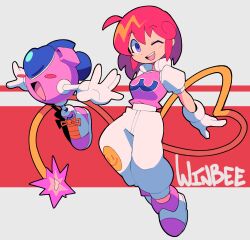 Rule 34 | 1girl, ;d, ahoge, bacun, blue eyes, breasts, character name, full body, gloves, highres, looking at viewer, medium breasts, one eye closed, open mouth, pants, pastel (twinbee), pink hair, red hair, robot, shoes, short hair, short sleeves, smile, twinbee, white gloves