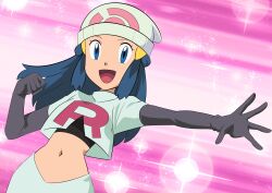 Rule 34 | 1girl, :d, beanie, black hair, blue eyes, clenched hand, cosplay, creatures (company), dawn (pokemon), elbow gloves, eyelashes, game freak, gloves, hainchu, hair ornament, hairclip, hat, highres, jacket, jessie (pokemon), jessie (pokemon) (cosplay), logo, long hair, navel, nintendo, open mouth, outstretched arm, pink background, pokemon, pokemon (anime), pokemon dppt (anime), shirt, sidelocks, skirt, smile, solo, spread fingers, team rocket, team rocket uniform, tongue, white hat, white jacket, white skirt