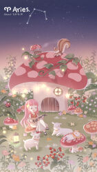 Rule 34 | aries (constellation), aries (symbol), aries (zodiac), bell, bug, closed eyes, commentary, constellation, copyright name, crossed legs, dress, english commentary, english text, food, fruit, guitar, highres, insect, instrument, ladybug, lamb, long hair, lying on mushroom, mini person, minigirl, miracle nikki, momo (miracle nikki), mushroom, mushroom house, music, night, night sky, nikki (miracle nikki), nikki (series), official art, oil lamp, on mushroom, outdoors, parted lips, pink hair, plant, playing instrument, red vest, sheep, shining nikki, singing, sitting on mushroom, skirt, sky, sleeping, squirrel, star (sky), starry sky, vest, vines, white skirt, window, wooden door, yellow cloak, zodiac
