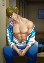 Rule 34 | 10s, 1boy, abs, absurdres, bag, blush, collarbone, free!, green eyes, green hair, highres, indoors, looking at viewer, male focus, matching hair/eyes, miki-mochi, muscular, nipples, open clothes, open shirt, pectorals, shiny skin, shirt, short hair, sitting, smile, solo, tachibana makoto, undressing, window