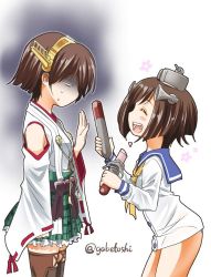 Rule 34 | 10s, 2girls, bare legs, brown hair, buttons, closed eyes, cowboy shot, detached sleeves, dress, eating, frilled skirt, frills, from side, gloom (expression), hairband, headgear, hiei (kancolle), japanese clothes, kantai collection, long sleeves, looking at another, multiple girls, neckerchief, no legwear, no pants, nontraditional miko, open mouth, plaid, plaid skirt, sailor dress, short hair, simple background, skirt, sogabe toshinori, standing, sweatdrop, thighhighs, torpedo, twitter username, white background, yukikaze (kancolle), zettai ryouiki