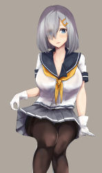 Rule 34 | 1girl, absurdres, black pantyhose, blue eyes, breasts, cleavage, clothes lift, collarbone, gloves, grey background, grey skirt, hair ornament, hair over one eye, hairclip, hamakaze (kancolle), highres, invisible chair, kantai collection, large breasts, lifted by self, looking at viewer, neckerchief, open clothes, open shirt, panties, panties under pantyhose, pantyhose, pleated skirt, school uniform, serafuku, short hair, short sleeves, silver hair, simple background, sitting, skirt, skirt lift, solo, underwear, wasavi 8, white gloves, yellow neckerchief