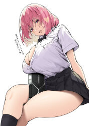 1girl absurdres akane_(sky-freedom) black_skirt breasts cleavage commentary_request crossed_legs geforce_rtx_4090_ti graphics_card hair_between_eyes highres huge_breasts joshi_kousei_rich_thots looking_at_viewer nvidia open_mouth original pink_hair red_eyes school_uniform shirt short_hair skirt sky-freedom smile solo thick_thighs thighs white_background white_shirt