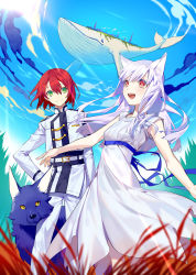Rule 34 | 1boy, 1girl, :d, animal ears, blue sky, blurry, blurry foreground, bright pupils, closed mouth, cloud, copyright request, day, depth of field, dress, flying whale, fox ears, green eyes, hair between eyes, jacket, long dress, long hair, long sleeves, official art, open mouth, original, pants, red eyes, red hair, sash, short sleeves, sky, smile, standing, sundress, whale, white dress, white hair, white jacket, white pants, wolf, yamakawa