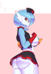 Rule 34 | 1girl, 32rabbitteeth, absurdres, alternate color, artist name, ass, bare shoulders, black hat, black shirt, black skirt, blue hair, blue skin, bob cut, breasts, colored skin, cowboy shot, creatures (company), crop top, cropped, cross, female focus, from behind, game freak, gardevoir, gen 3 pokemon, gloves, hair over one eye, hand on own chest, hand up, hat, highres, large breasts, looking at viewer, looking back, miniskirt, multicolored skin, nintendo, nipples, no bra, no mouth, no panties, nurse, nurse cap, one eye covered, open clothes, open shirt, orange eyes, outline, pink background, pink outline, pleated skirt, pokemon, pokemon (creature), red cross, red gloves, red trim, shiny pokemon, shirt, short hair, simple background, skirt, sleeveless, sleeveless shirt, solo, sparkle, standing, thick thighs, thighs, two-tone skin, watermark, white skin