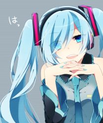 Rule 34 | 1girl, aqua hair, asagao minoru, bad id, bad pixiv id, bare shoulders, between breasts, blue eyes, breasts, detached sleeves, hair over one eye, own hands clasped, hatsune miku, headphones, looking at viewer, necktie, necktie between breasts, open mouth, own hands together, smirk, solo, twintails, vocaloid