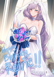 1girl blush bouquet braid breasts bridal_veil bride dress earrings flower grey_hair hair_ornament happy_birthday highres holding holding_bouquet hololive hololive_indonesia jewelry landacdeus large_breasts long_hair looking_at_viewer pavolia_reine smile solo veil virtual_youtuber wedding_dress