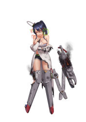 Rule 34 | 1girl, absurdres, asymmetrical hair, black hair, black shorts, breasts, cannon, coat, highres, lab coat, large breasts, machinery, navel, off shoulder, open clothes, open coat, ponytail, qingmingtongzi, red eyes, short shorts, shorts, solo, tank top, torpedo tubes, turret, warship girls r, white coat, white tank top, yuubari (warship girls r)