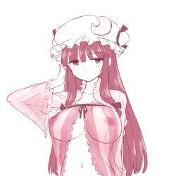 Rule 34 | 1girl, babydoll, blush, breasts, covered erect nipples, crescent, crescent hair ornament, female focus, hair ornament, hat, large breasts, lingerie, long hair, mob cap, monochrome, navel, negligee, nipples, patchouli knowledge, see-through, solo, touhou, underwear, zaxwu