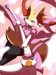 Rule 34 | 1girl, animal ear fluff, animal ears, animal nose, black fur, blush, body fur, bow, bow panties, braixen, breasts, bright pupils, buttons, closed mouth, clothed pokemon, creatures (company), dress, dutch angle, fang, female focus, fox ears, fox girl, fox tail, frilled dress, frills, furry, furry female, game freak, gen 6 pokemon, glowing, hand up, happy, heart, highres, holding, holding staff, looking at viewer, magical girl, multicolored fur, neck fur, nintendo, panties, pentagram, pink background, pink dress, pink panties, pink ribbon, pokemon, pokemon (creature), puffy short sleeves, puffy sleeves, red eyes, ribbon, sakuyan (sakuyan1007), short sleeves, side-tie panties, skin fang, small breasts, smile, snout, solo, staff, standing, tail, thighs, two-tone bowtie, underwear, white fur, white pupils, wind, wind lift, yellow fur