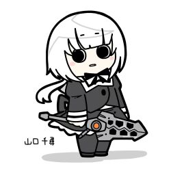 Rule 34 | 1girl, arms at sides, assault lily, black footwear, black pantyhose, black ribbon, black skirt, blunt bangs, blush, buttons, character name, chibi, commentary request, cropped jacket, full body, high-waist skirt, highres, holding, holding weapon, konpeitoull (c12h22o11 tr 6), kou no hana, long hair, looking at viewer, low ponytail, miniskirt, neck ribbon, pantyhose, parted lips, ribbon, school uniform, shoes, simple background, skirt, solid circle eyes, solo, standing, translated, weapon, white background, white hair, yurigaoka girls academy school uniform
