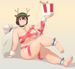 Rule 34 | 1girl, animal ear fluff, animal ears, aqua eyes, bell, breasts, brown hair, bucket of chicken, chicken (food), christmas, cleavage, closed mouth, collarbone, commentary request, fake animal ears, fake antlers, food, fried chicken, full body, hair between eyes, highres, holding, holding food, katou (katohayabusa), large breasts, looking at viewer, medium hair, naked ribbon, neck bell, original, plump, reclining, red ribbon, ribbon, sack, simple background, smile, solo, tareme, thick arms, thick thighs, thighs, white wrist cuffs, wrist cuffs, yellow background