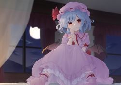 Rule 34 | 1girl, bat wings, blue hair, blurry, blurry background, closed mouth, cloud, curtains, dress, frilled dress, frills, full body, full moon, hand on own cheek, hand on own face, hat, hat ribbon, highres, indoors, kanpa (campagne 9), knees up, looking at viewer, mob cap, moon, night, night sky, pink dress, pink footwear, pink hat, red eyes, red ribbon, remilia scarlet, ribbon, short hair, short sleeves, sitting, sky, smile, solo, touhou, window, wings