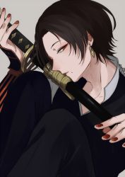 Rule 34 | 10s, 1boy, androgynous, brown hair, collared shirt, earrings, grey background, half-closed eyes, hiki yuichi, jewelry, kashuu kiyomitsu, katana, knees up, long hair, looking at viewer, male focus, military uniform, mole, mole under mouth, nail polish, personification, ponytail, red eyes, red nails, simple background, solo, sword, touken ranbu, weapon