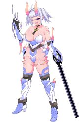 Rule 34 | 1girl, absurdres, armor, breasts, choker, cleavage, collarbone, eyebrows, facial mark, full body, high heels, highres, holding, holding sword, holding weapon, horns, large breasts, looking away, miitoban, original, purple eyes, revealing clothes, short hair, short twintails, simple background, solo, sword, twintails, weapon, white background, white hair