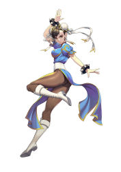 Rule 34 | 1girl, arm up, ass, black hair, blue dress, boots, bracelet, breasts, brown eyes, brown pantyhose, bun cover, capcom, china dress, chinese clothes, chun-li, cross-laced footwear, double bun, dress, earrings, eyeshadow, fighting stance, full body, hair bun, hair ribbon, highres, jewelry, knee boots, lace-up boots, large breasts, long legs, looking at viewer, makeup, narrow waist, pantyhose, pelvic curtain, puffy short sleeves, puffy sleeves, ribbon, sash, short sleeves, solo, spiked bracelet, spikes, standing, standing on one leg, street fighter, street fighter ii (series), thick thighs, thighs, white background, white footwear, white ribbon, zhano kun