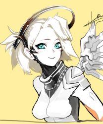 Rule 34 | 1girl, alternate eye color, alternate hair color, aqua eyes, bodysuit, breasts, closed mouth, eyelashes, hair intakes, halo, high ponytail, hine (artist), leaning forward, looking at viewer, mechanical halo, mechanical wings, medium breasts, mercy (overwatch), overwatch, overwatch 1, short hair, signature, simple background, smile, solo, spot color, taut clothes, tsurime, turtleneck, upper body, white hair, wings
