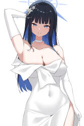 Rule 34 | 1girl, absurdres, armpits, blue archive, blue halo, breasts, choker, dress, elbow gloves, gloves, halo, highres, large breasts, looking at viewer, murding, official alternate costume, saori (blue archive), saori (dress) (blue archive), simple background, solo, strapless, strapless dress, white background, white choker, white dress, white gloves