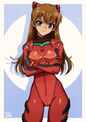 Rule 34 | 1girl, blue eyes, bodysuit, breasts, brown hair, crossed arms, curvy, gravydood, long hair, looking at viewer, neon genesis evangelion, plugsuit, red bodysuit, shiny clothes, simple background, skin tight, solo, souryuu asuka langley, tsundere, two side up, wide hips