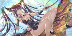Rule 34 | 1girl, backlighting, bare shoulders, black dress, black footwear, blue eyes, blunt bangs, blush, breasts, center opening, china dress, chinese clothes, detached sleeves, dress, eating, fate/grand order, fate (series), floral print, hair ornament, high heels, highres, legs, long hair, looking at viewer, lychee, medium breasts, natsujiru, open mouth, purple hair, side slit, sidelocks, twintails, very long hair, yang guifei (fate), yang guifei (second ascension) (fate)