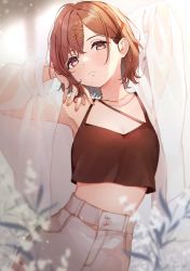 Rule 34 | 1girl, armpits, arms up, black tank top, blurry, blurry foreground, blush, breasts, brown eyes, brown hair, cleavage, collarbone, crop top, depth of field, expressionless, hair ornament, hairpin, highres, higuchi madoka, idolmaster, idolmaster shiny colors, looking at viewer, mameyanagi, medium breasts, mole, mole under eye, see-through, see-through shirt, shirt, short hair, solo, tank top, wavy hair, white shirt
