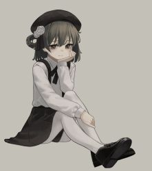 Rule 34 | 1girl, absurdres, black footwear, black ribbon, black skirt, brown eyes, brown hair, brown headwear, closed mouth, commentary, flower, full body, grey background, hair flower, hair ornament, hair rings, hatoba tsugu, head rest, highres, loafers, long sleeves, looking at viewer, neck ribbon, pantyhose, ribbon, shirt, shoes, short hair, simple background, skirt, smile, solo, suspender skirt, suspenders, tsugu (vtuber), virtual youtuber, white flower, white pantyhose, white shirt, yoon cook